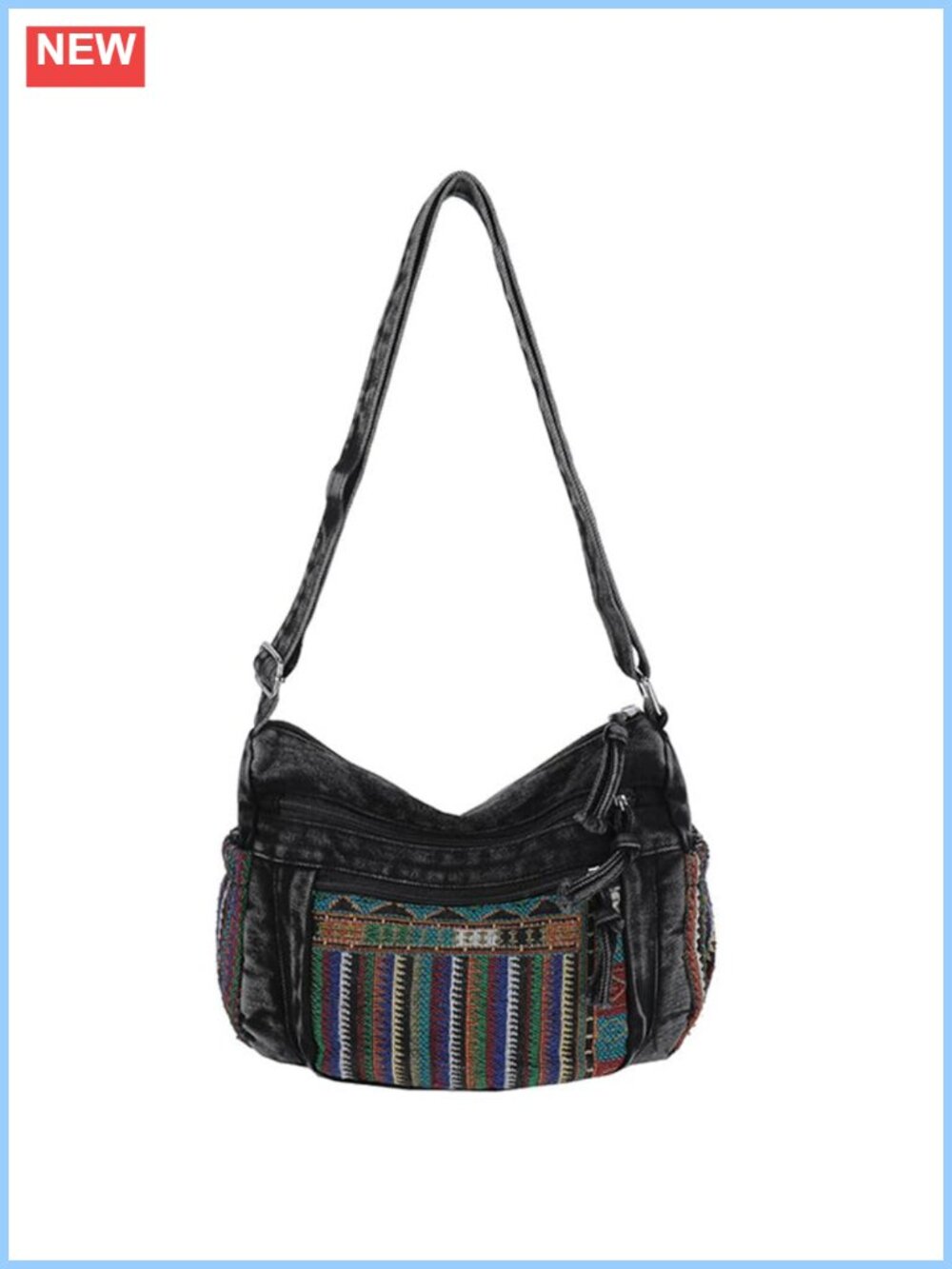 Bohemian Embroidered Denim Crossbody Bag with Adjustable Strap, Multi-Pocket